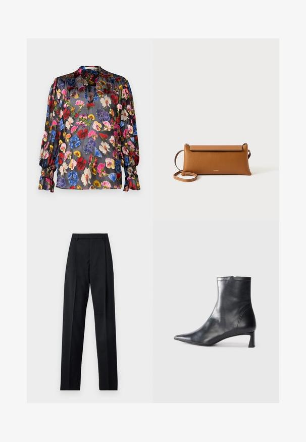 Black sheer blouse with vibrant floral pattern in red, pink, blue, and yellow. Features gathered sleeves and a subtle collar detail.; Black trousers made from smooth fabric featuring a high waist, wide legs, front pleats, and classic belt loops. No side pockets visible.; Black leather ankle boot with a pointed toe and a sleek design. Features a low heel and a zipper closure at the back. Smooth texture.; Brown leather clutch bag, rectangular shape, textured surface, detachable strap, zip closure, subtle logo embossed on front.