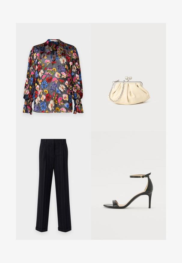 Schwarze, durchsichtige Bluse mit lebhaftem Blumenmuster in Rot, Pink, Blau und Gelb. Verfügt über geraffte Ärmel und ein subtil detailliertes Kragendesign.; Schwarz gestreifte Hose mit tailliertem Schnitt, mit einem umgeschlagenen Saum und vorderen Falten. Hergestellt aus glattem Stoff mit einer strukturierten Gestaltung.; Schwarze Leder-high-heeled Sandale mit Knöchelriemen. Verfügt über eine glatte Textur, offene Zehen und einen dünnen Absatz. Goldfarbener Schnallenakzent.; Faltige beigefarbene Ledertasche mit einem silbernen Metallrahmen, ausgestattet mit zwei runden dekorativen Verschlüssen und einem silbernen Kettenriemen.