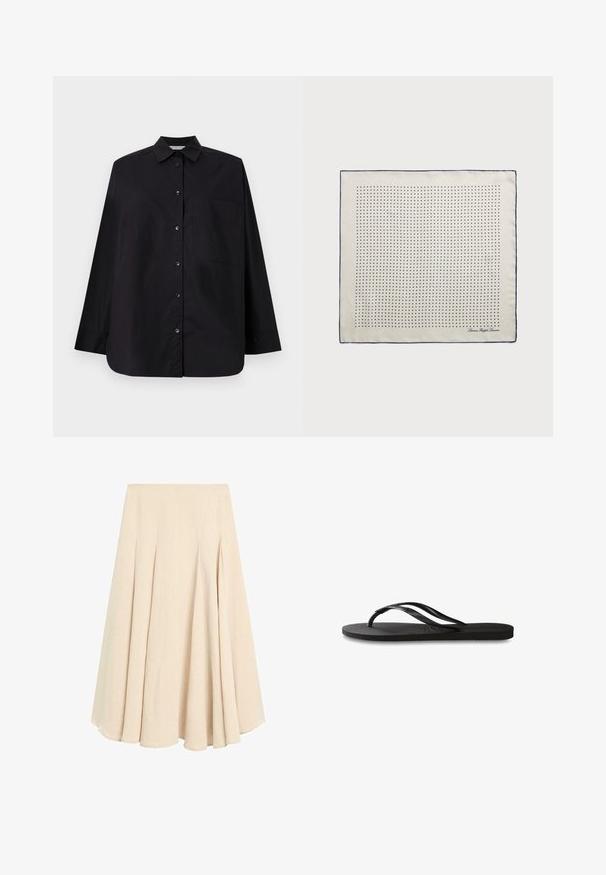 Black button-up shirt made from smooth fabric. Features a collar, long sleeves, a single chest pocket, and a straight hem.; Beige midi-length A-line skirt with pleats, made of lightweight fabric, featuring a smooth waistband and flared hem.; Black flip-flop featuring a textured rubber sole, two slender straps, and a subtle, embossed logo detail on the strap.; Silk scarf in cream with a navy border, featuring evenly spaced navy dots forming a pattern. Signature printed in the corner.; Brown suede handbag with a structured shape, silver logo hardware, short handle, and a detachable shoulder strap. Smooth texture, minimalist design.