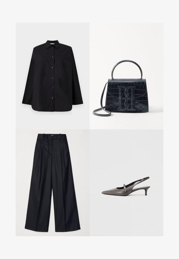 Melns pogātā kreklis, izgatavots no gludas auduma. Tam ir apkakle, garas piedurknes, viena krūšu kabata un taisna apakšmala.; Melnas platas kājas bikses no gludas auduma, ar augstu jostasvietu, krokām un pielāgotu dizainu. Vienkārša melna aparatūra jostasvietā.; Atsperamā purngala, pelēka ādas slinga apavi ar mazu papēdi, kas ir aprīkoti ar dekoratīvu jostu un metāla akcentu. Gluda faktūra ar minimālistisku dizainu.; Melnas krokodila rakstā izgatavota ādas rokassoma ar strukturētu dizainu, augšējo rokturi, regulējamu siksnu un izteiktu priekšējo logotipa detaļu.