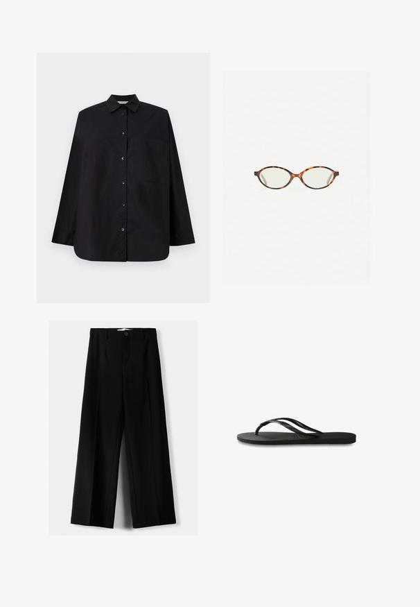 Camicia nera a maniche lunghe in tessuto morbido. Presenta un colletto, maniche lunghe, una tasca sul petto e un orlo dritto.; Pantaloni neri a gamba larga realizzati in tessuto leggero, caratterizzati da una chiusura frontale con bottone e frontale piatto, con orli cuciti con precisione.; Infradito neri con suola in gomma testurizzata, due cinghie sottili e un sottile dettaglio del logo impresso sulla cinghia.; Occhiali in tartaruga con lenti ovali e una finitura liscia e elegante. Presentano aste sottili con una leggera curva alle tempie. Lenti trasparenti.; Borsa a tracolla nera in pelle con una texture liscia, design minimalista e una sola tracolla curva. Apertura superiore, senza hardware visibile.
