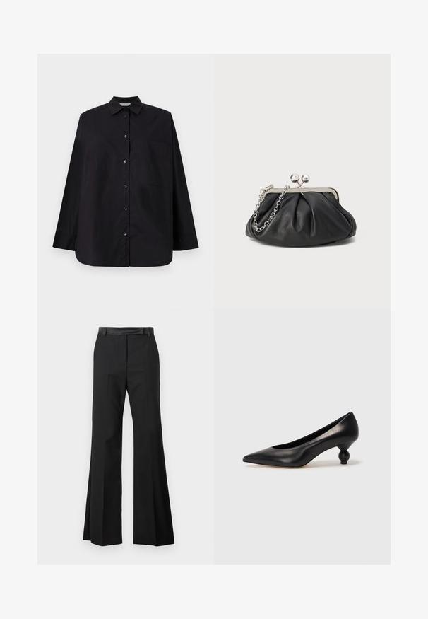 Black button-up shirt made from smooth fabric. Features a collar, long sleeves, a single chest pocket, and a straight hem.; Black flared trousers with a smooth fabric finish, featuring a solid waistband and pressed creases for a tailored appearance.; Black leather high heel shoe with a pointed toe and a round, balled heel. Smooth texture with a sleek, minimal design.; Black leather clutch with gathered texture, silver-tone metal frame, kiss-lock closure, and chain strap. Smooth, soft surface.