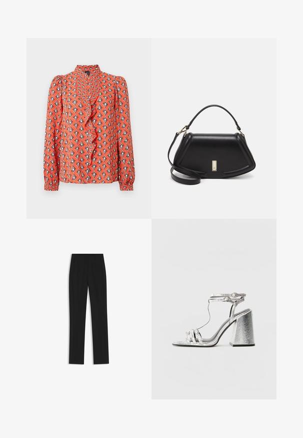 Blusa roja de manga larga, con cuello fruncido y estampado geométrico en colores naranja, negro y crema. Tela ligera con textura suave.; Pantalones de traje negros con un diseño de pierna recta, que cuentan con bolsillos delanteros y una tela suave y texturizada. Detalles limpios y minimalistas.; Sandalia de tacón cuadrado plateada, con tiras delgadas y un cierre en el tobillo. El material tiene un acabado metálico con una apariencia texturizada.; Bolso de mano de cuero negro con un diseño estructurado, que presenta una forma recortada, asa superior y acentos en dorado. Correa de hombro ajustable incluida.