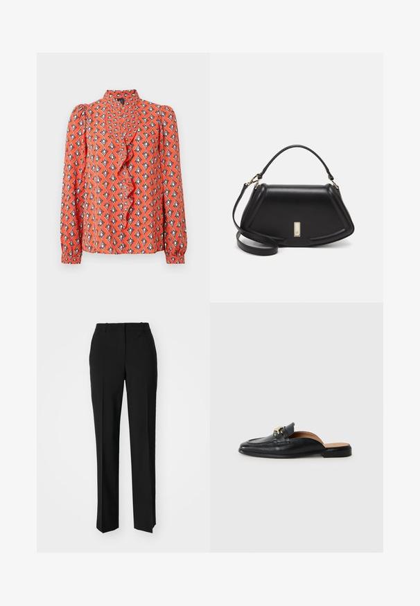 Blusa rossa con maniche lunghe, scollo arricciato, stampa geometrica nei colori arancione, nero e crema. Tessuto leggero con una texture liscia.; Pantaloni neri su misura con un design a gamba dritta, caratterizzati da una texture liscia e pieghe ben definite sul davanti. Senza hardware visibile.; Scarpa nera in pelle, senza lacci, con punta rotonda, dettaglio in metallo dorato e suola piatta. Interno foderato in pelle beige per il massimo comfort.; Borsa a mano in pelle nera con un design strutturato, caratterizzata da una forma corta, manico superiore e accessori in metallo dorato. Inclusa tracolla regolabile.