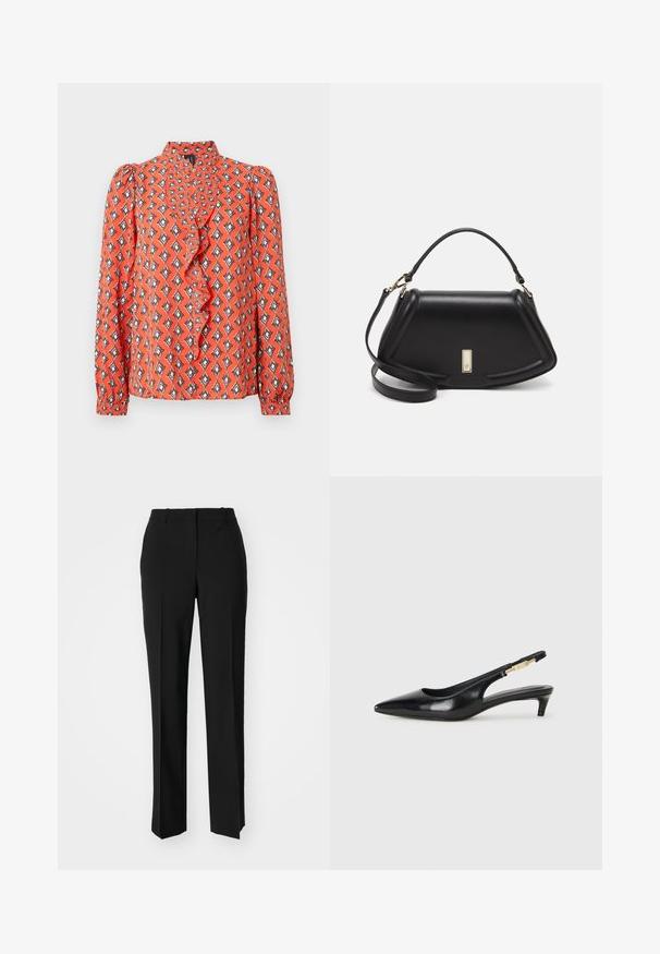 Red blouse with long sleeves, ruffled neckline, geometric print in orange, black, and cream colors. Lightweight fabric with a smooth texture.; Black tailored trousers with a straight-leg design, featuring a smooth texture and crisp creases along the front. No visible hardware.; Black leather slingback heels with a pointed toe, featuring a slim heel and a gold-tone accent on the adjustable strap. Smooth texture.; Black leather handbag with a structured design, featuring a cropped shape, top handle, and gold hardware accent. Adjustable shoulder strap included.