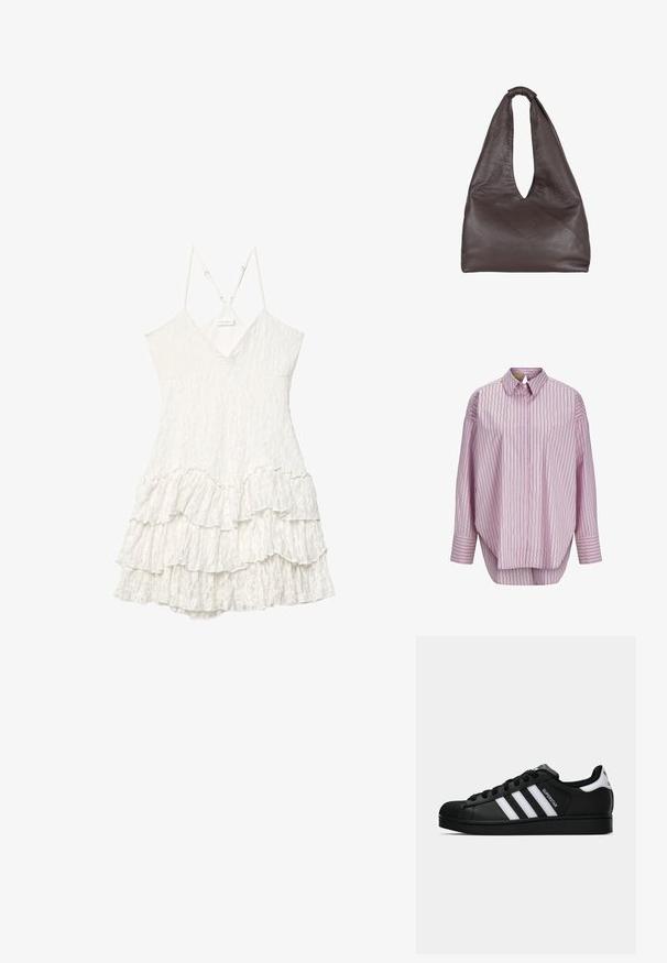 Lys rosa skjorte med krave og lodrette striber i mørkegrøn og hvid. Har lange ærmer og en løs pasform. Glat stofstruktur.; Hvid ærmeløs blondekjole med V-hals, justerbare tynde stropper og lagdelt flæsekjole detalje.; Sort Adidas Superstar sneaker med hvide striber, skaletå og "Superstar"-tekst på siden, vist i sideprofil på hvid baggrund.; Brun lædertaske med en slaskende, overdimensioneret design. Har et løkkegreb og en dyb V-formet åbning for nem adgang. Blød tekstur, minimalistisk stil.