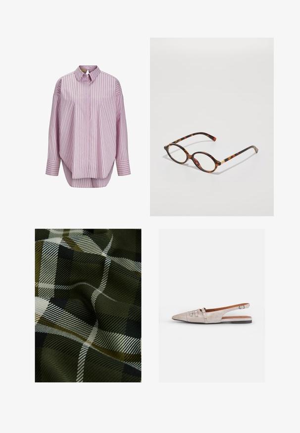 Light pink collared shirt with vertical stripes in dark green and white. Features long sleeves and a loose fit. Smooth fabric texture.; Woven plaid fabric featuring dark green, black, and white colors. The texture is smooth with a soft, patterned finish.; Light beige slingback shoe with a pointed toe, a soft suede texture, featuring two decorative buckles and a low, flat heel.; Tortoiseshell eyeglasses with oval frames, clear lenses, and gold accents. Features curved temples and a smooth, glossy finish.; COACH BROOKLYN SHOULDER BAG 23 - Handbag - maple