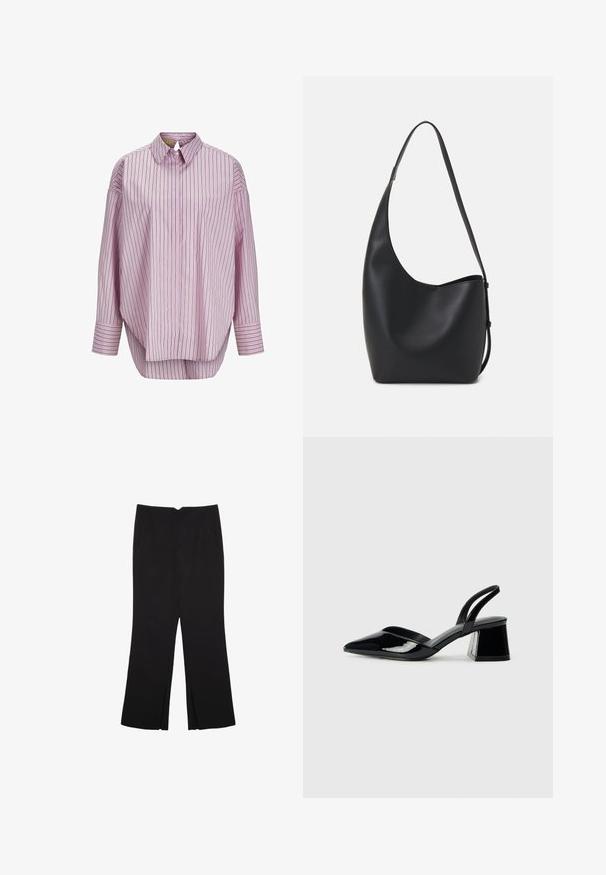 Light pink collared shirt with vertical stripes in dark green and white. Features long sleeves and a loose fit. Smooth fabric texture.; Black trousers with a straight fit, featuring front pockets and side slits at the hem. Made of soft, smooth fabric. Suitable for various occasions.; Black patent leather slingback heels with a pointed toe and a geometric block heel. Features a sleek, minimal design and smooth texture.; Black leather hobo bag with a smooth texture, curved shape, and single adjustable strap; features a wide opening at the top.