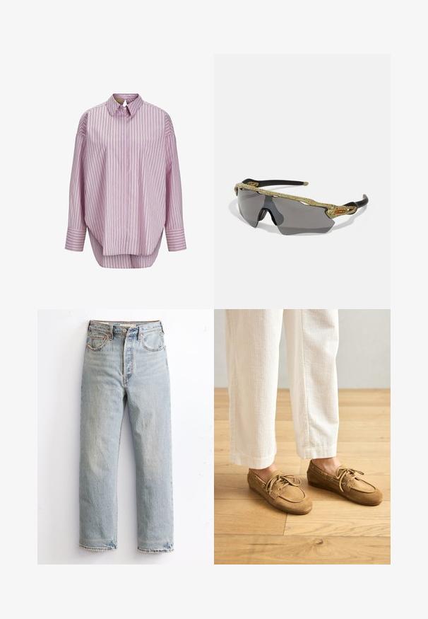 Light pink collared shirt with vertical stripes in dark green and white. Features long sleeves and a loose fit. Smooth fabric texture.; Light blue denim jeans with a straight leg design, featuring distressed hem, copper rivets, and a classic five-pocket style.; Brown suede boat shoes with laces, featuring a rounded toe and stitched accents. Worn with white corduroy pants in a wooden setting.; Sport sunglasses with a green patterned frame, black arms, and gray lenses. The design features a wraparound style with a bold, sporty shape.