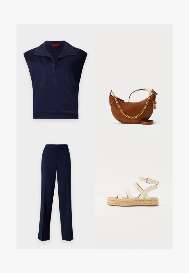 Tumesinine sansleeve top, millel on terav krae, V-kujuline dekoltee ja kontrastõmblused äärtes. Sile tekstuur.; Tumed dressipüksid, mis on valmistatud siledast kangast, sirge jalaga disainiga, vöökohaga silmuste ja ees olevate voldikute detailidega.; Helebeežides nahast espadrillide suss, millel on neli ristsisestust ja ankle bucklet, koos kootud jute platvormi tallaga ja lamedate kummist põhjadega.; Pruun nahast käekott kaarjate joontega, kullast ketirihm, sisemine tasku ja eemaldatav õlarihm. Omab kontrastset õmblust.