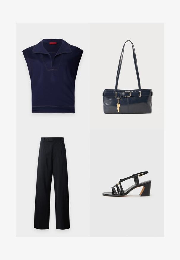 Top senza maniche blu navy con colletto a punta, caratterizzato da un scollo a V e cuciture a contrasto lungo i bordi. Texture liscia.; Pantaloni a gamba larga in blu scuro, dotati di chiusura con bottone, pieghe frontali e tessuto morbido con un design pulito e sartoriale.; Paul Smith AMIRA - Decolleté - black; Borsa a mano in pelle blu con due manici lunghi, un dettaglio con fibbia e un portachiavi attaccato. Presenta una texture liscia e una forma rettangolare.