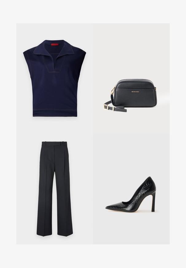 Navy blue sleeveless top with a pointed collar, featuring a V-neckline and contrast stitching along the edges. Smooth texture.; Dark blue pinstriped trousers with a high waist, wide leg design, and no visible hardware or embellishments. Smooth texture and tailored fit.; Black pointed-toe high heel shoe with a crocodile-skin texture, featuring a sleek design, high stiletto heel, and smooth black interior.; Black textured leather Michael Kors crossbody bag with adjustable strap and gold-tone hardware on a white background.