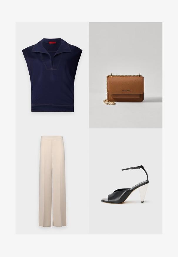 Temno modra brezrokavnik s koničastim ovratnikom, ki ima V-izrez in kontrastne šive ob robovih. Gladka tekstura.; Bež hlače širokih nogavic iz gladkega materiala, z visokim pasom in diskretnimi sprednjimi gubami. Brez žepov ali vidnih kovinskih detajlov.; Črne usnjene sandale s peto, odprto toe, asimetričnim dizajnom, zaponko okoli gležnja in kovinsko stožčasto peto. Gladka tekstura po celotni površini.; Rjava teksturirana usnjena torba čez ramo z zlatim verižnim trakom in zapiranjem na pokrov. Spredaj je vidna podrobnost logotipa in žep pod pokrovom.