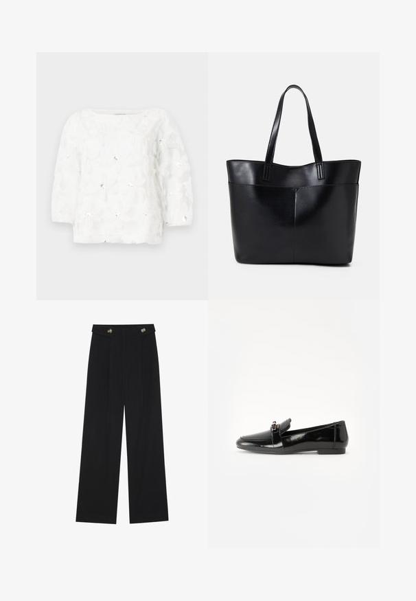 Blusa blanca de flores con mangas tres cuartos, que presenta diseños de flores en relieve con lentejuelas, textura suave y escote cuadrado.; Pantalones de pierna ancha negros con cintura alta, detalles de botones en la cinturilla y pliegues en la parte delantera.; Mocasín de charol negro con suela plana, punta redonda y una correa decorativa con un acento en tono dorado. Acabado suave y brillante.; Bolso tote de cuero negro con dos asas largas, textura suave y forma estructurada. Cuenta con un bolsillo frontal para almacenamiento adicional.