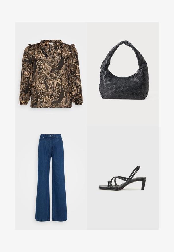 Juoda bluzonė su lapų raštu smėlio spalvos. Apsirūpinusi ilgomis rankovėmis, raukšlėta apykakle ir laisvu kirpimu. Pagaminta iš lengvos medžiagos.; Mėlynos plačios džinsinio audinio kelnės su aukšta juosmens linija, priekyje mygtukas ir užtrauktukas, bei priekinės ir užpakalinės kišenės prieš paprastą foną.; Juodi šlepetės su kvadratiniu pirštu ir žemu bloku kulnu. Yra keli ploni dirželiai ir reguliuojamas kulkšnies diržas. Pagaminti iš lygios odos.; Juodas odinis pintas peties krepšys su apvaliu rankena ir pusmėnulio formos korpusu ant lygaus fono.