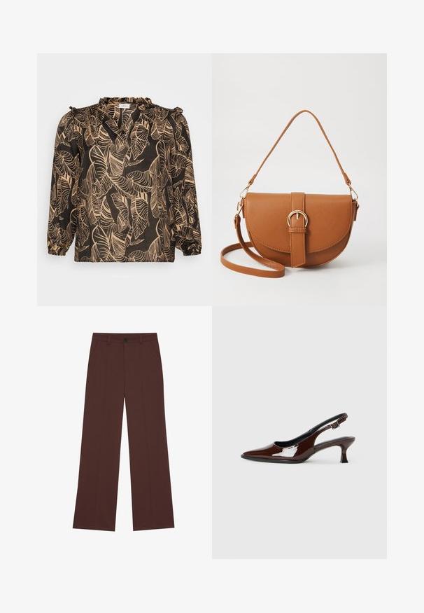 Blusa preta com um padrão de folhas em bege. Apresenta mangas longas, decote franzido e um corte solto. Feita de um tecido leve.; Calças largas em tecido castanho escuro. Apresentam um fecho com botão, duas bolsos frontais, textura suave e linhas limpas.; Sapato slingback em pele sintética castanha com bico pontiagudo e salto moderado. Apresenta uma fivela para um ajuste seguro. Textura suave.; Bolsa transversal de couro castanho com um formato curvado, ferragens douradas e um detalhe de fivela. Inclui uma alça de ombro destacável.