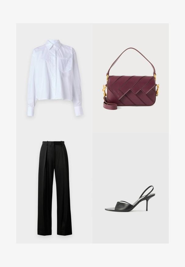White cropped shirt made of cotton, featuring a button-up front, pointed collar, long sleeves, and a single chest pocket. Smooth texture.; Black wide-leg trousers made of lightweight fabric with a tailored fit, featuring front pleats and a flat waistband with loops.; Black leather slingback heels with a pointed toe, thin ankle strap, and stiletto heel. Features a knotted detail on the vamp.; Burgundy leather crossbody bag with a woven pattern, gold hardware accents, adjustable strap, and flap closure.
