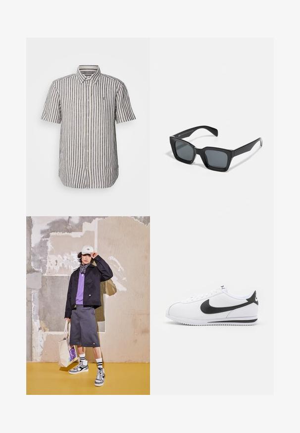 Les Deux KRIS - Vapaa-ajan kauluspaita - dark navy/ivory; Musta takki, violetti paita, harmaat shortsit ja valkoiset lenkkarit harmailla yksityiskohdilla. Asusteina valkoinen lippalakki ja kuvioitu olkalaukku.; Valkoiset nahkakengät mustalla Nike-logolla, litteät nauhat ja teksturoitu kumipohja. Pyöreä varvastyyny ja pehmustettu kaulus mukavuutta varten.; Musta suorakulmainen aurinkolasi tummilla linsseillä. Muovikehys kiiltävällä pinnalla, leveällä siltalla ja hieman kapenevilla jaloilla.