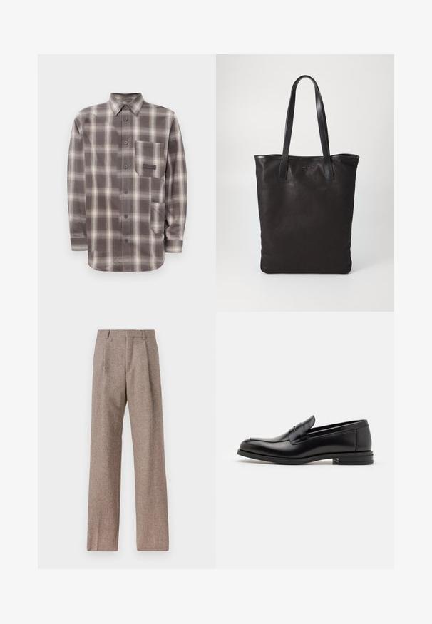 Bela in rjava karo srajca z dolgimi rokavi in gumbi, z dvema sprednjima žepoma in koničastim ovratnikom.; Rjave hlače z visokim pasom, izdelane iz teksturirane tkanine. Imajo široke noge in dve sprednji pregibi za strukturo. Urejen zaključek brez vidne strojne opreme.; Črne usnjene loafer čevlje z gladko teksturo, zaobljenim nosom in dekorativnim trakom čez zgornji del. Nizka zložena peta, minimalističen dizajn.; Črna platnena torba s črnimi usnjenimi ročaji. Preprost dizajn, prostorna notranjost in gladka tekstura. Brez vidnih logotipov ali vzorcev.