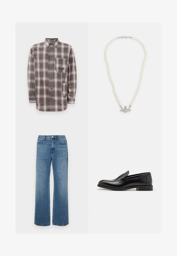 Hosszú ujjú barna és bézs kockás ing, két elülső zsebből és hegyes gallérból áll.; Széles lábú, koptatott kék farmernadrág. Öt zsebből, elülső gombos záródásból és egyenes szabásból áll.; Fekete bőr loaferek sima textúrával, kerek orral és dekoratív pánttal a vampnál. Alacsony, rétegelt sarkú, minimalista dizájn.; Gyöngy nyaklánc ezüst színű kapoccsal. Kerek fehér gyöngyökből készült, díszes, strasszkövekkel díszített középponttal.