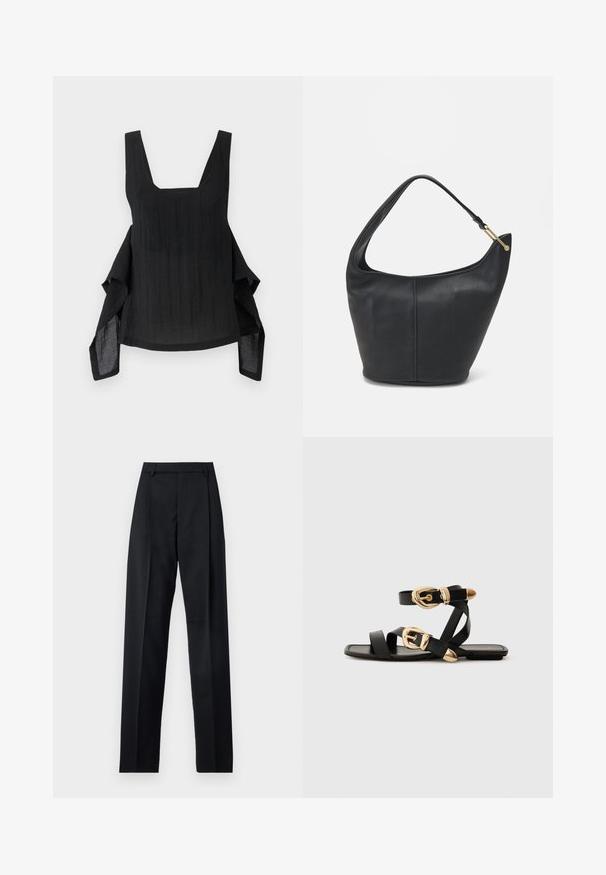 Μαύρο αμάνικο τοπ με τετράγωνη λαιμόκοψη, ρευστή ύφανση, ασύμμετρο στρίφωμα και υφασμάτινη υφή.; Μαύρο παντελόνι φτιαγμένο από λείο ύφασμα με ψηλή μέση, φαρδιές γάμπες, πλάγιες πιέτες και κλασσικές θηλιές ζώνης. Δεν υπάρχουν ορατές πλαϊνές τσέπες.; Μαύρα δερμάτινα σανδάλια με χρυσές αγκράφες, διαθέτουν πολυάριθμες λωρίδες και επίπεδη σόλα σχεδίασης για ανοιχτό μπροστινό.; Μαύρη δερμάτινη τσάντα χεριού με στρογγυλό σχήμα, φαρδύ λουρί και υφή. Διαθέτει λεπτομέρεια από διακριτή ραφή και αξεσουάρ σε χρυσό τόνο.