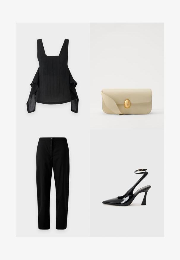 Melnā bezpiedurkņu blūze ar kvadrātu formas kakla izgriezumu, plūstoša auduma, asimetriska apakšmala un teksturētas virsmas detaļa.; Melnas taisnas kājas bikses ar pogu un rāvējslēdzēju, gluda auduma un minimālais dizains uz viendabīga gaiša fona.; Melnas patentā ādas augstpapēžu kurpes ar norādītu purngalu, regulējamu potītes siksniņu un mērenu bloku papēdi. Gluda tekstūra ar spīdīgu apdari.; Beige krēma ādas somiņa ar gludu tekstūru, taisnstūra formu un zelta ovālu aizdari. Aprīkota ar garu, regulējamu siksnu.