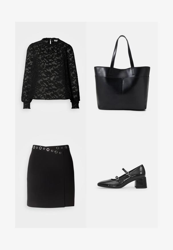 Morgan OJOUR - Blouse - noir; Morgan JILLY - Jupe portefeuille - noir; Chaussures Mary Jane en cuir verni noir avec un bout pointu, deux sangles réglables et un talon épais. Texture lisse et finition brillante.; Sac fourre-tout en cuir noir avec deux longues poignées, une texture lisse et une forme structurée. Dispose d'une poche avant pour un rangement supplémentaire.