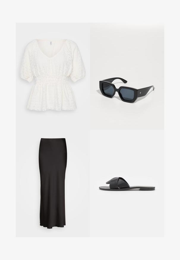 Weiße Bluse mit V-Ausschnitt, kurzen Puffärmeln, geraffter Taille und einem strukturierten Spitzenmuster. Leichter und luftiger Stoff.; Schwarzer, bodenlanger Satinrock mit glatter Textur, tailliertem Bund und A-Linien-Silhouette, ohne sichtbare Verzierungen oder Muster.; Schwarze Slip-On-Sandale mit gekreuzten Riemen. Aus glattem Leder mit flacher Sohle und minimaler Nahtverarbeitung. Einfaches, offenes Design.; Schwarze, übergroße Sonnenbrillen mit geometrischem Design, rechteckigen Gläsern und glänzender Oberfläche. Keine sichtbaren Markenkennzeichnungen auf der Vorderseite.; Goldene Creolen mit einem glatten, abgerundeten Design. Sie verfügen über einen kleinen Scharnierverschluss, sehen leicht aus und haben ein poliertes Finish.