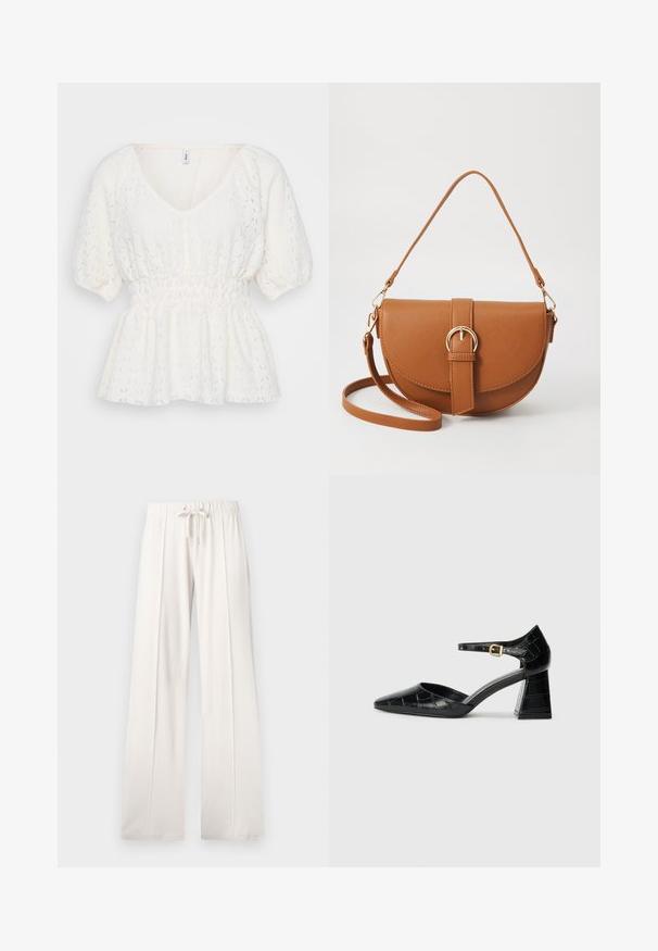 Blusa branca com decote em V, mangas curtas bufantes, cintura franzida e um padrão de renda texturizada por toda a peça. Tecido leve e arejado.; Calças de fato de treino beija claro, feitas de um tecido suave, com cintura elástica ajustável, pernas largas e costuras verticais, apresentando uma textura lisa.; Sapato de salto alto em couro envernizado preto com bico apontado, tira no tornozelo e padrão texturizado de crocodilo. Design de salto quadrado.; Bolsa transversal de couro castanho com um formato curvado, ferragens douradas e um detalhe de fivela. Inclui uma alça de ombro destacável.