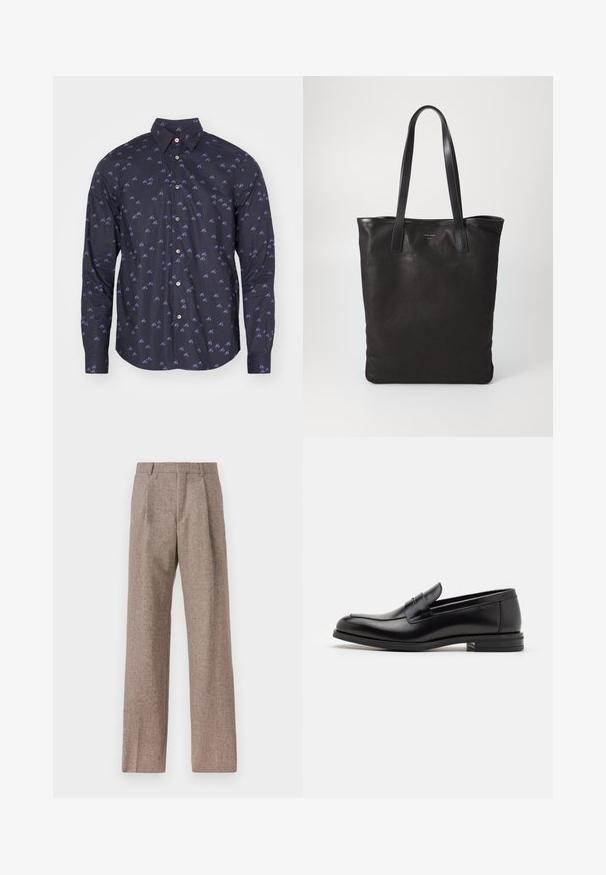 Granatowa koszula z długim rękawem z powtarzającym się wzorem rowerów w odcieniach fioletu. Klasyczny kołnierzyk z zapięciem na guziki, miękka tkanina i standardowy krój.; Brązowe, wysokiej talii spodnie wykonane z teksturowanej tkaniny. Posiadają szerokie nogawki i dwa przednie zakładki dla lepszej struktury. Starannie wykończone, bez widocznych elementów metalowych.; Czarne skórzane mokasyny o gładkiej fakturze, zaokrąglonym nosku i dekoracyjnym pasku na przodzie. Niski, warstwowy obcas, minimalistyczny design.; Czarna torba na ramię z czarnymi skórzanymi uchwytami. Prosty design, pojemne wnętrze i gładka faktura. Bez widocznych logo ani wzorów.