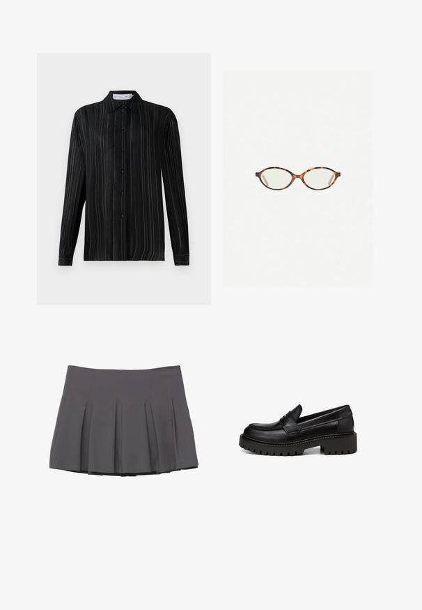 Fekete, hosszú ujjú, gombos ing, finom fehér függőleges csíkokkal és klasszikus gallérral, sima fehér háttéren bemutatva.; Szürke plisszírozott szoknya sima textúrával, varrott részletezéssel és testhezálló derékkal, a comb közepéig ér.; Marc O'Polo LOAFER MIT ROBUSTER PROFIL - Belebújós cipők - black; Tortábar színű szemüveg ovális lencsékkel és sima, elegáns felülettel. Vékony szárakkal rendelkezik, amelyeken finom ív található a halántéknál. Átlátszó lencsék.
