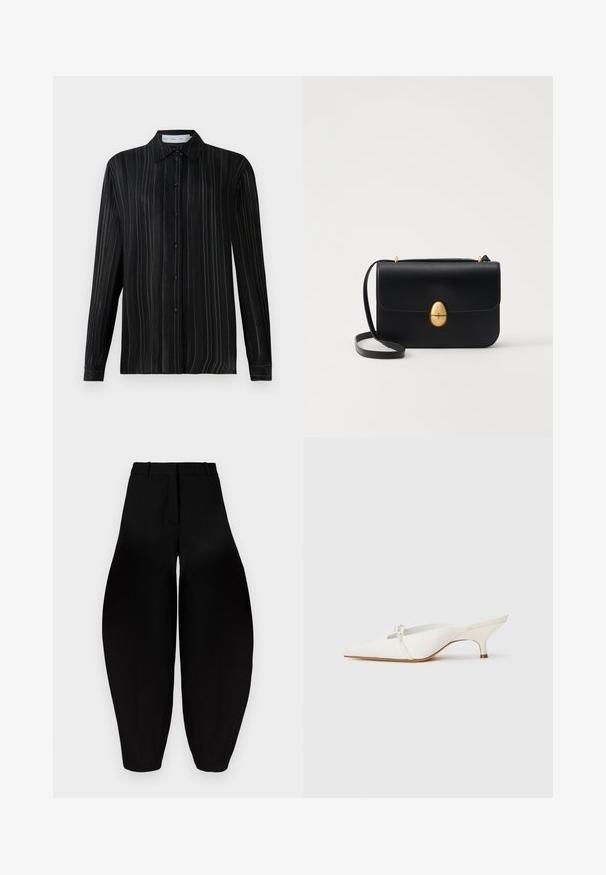 Czarna, długosamowa koszula z guzikami, pokryta delikatnymi białymi pionowymi prążkami i klasycznym kołnierzykiem, prezentowana na jednolitym białym tle.; Czarne spodnie o szerokich nogawkach z wysokim stanem, z plisowanym przodem i zwężanymi kostkami. Wykonane z gładkiego materiału o matowym wykończeniu.; Biała sandałowa szpilka z długim noskiem i niskim obcasem, zdobiona dekoracyjną perełką z przodu i gładkim satynowym wykończeniem.; Czarna skórzana torba na ramię o strukturalnym prostokątnym kształcie. Posiada złoty owalny zamek i cienki pasek na ramię. Gładka faktura.