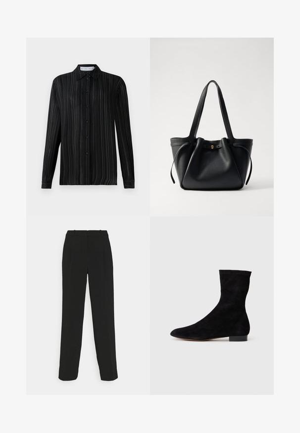 Black long-sleeve button-up shirt with fine white vertical pinstripes and a classic collar, displayed on a plain white background.; Black tailored trousers with a straight-leg design, featuring a high waist, pleats, and smooth fabric texture.; Black suede ankle boot with a fitted shaft, pointed toe, and a low block heel. Smooth texture and minimalistic design, suitable for versatile styling.; Black leather tote bag with two long straps, a cinched top, and a gold circular accent. Smooth texture with a minimalist design.