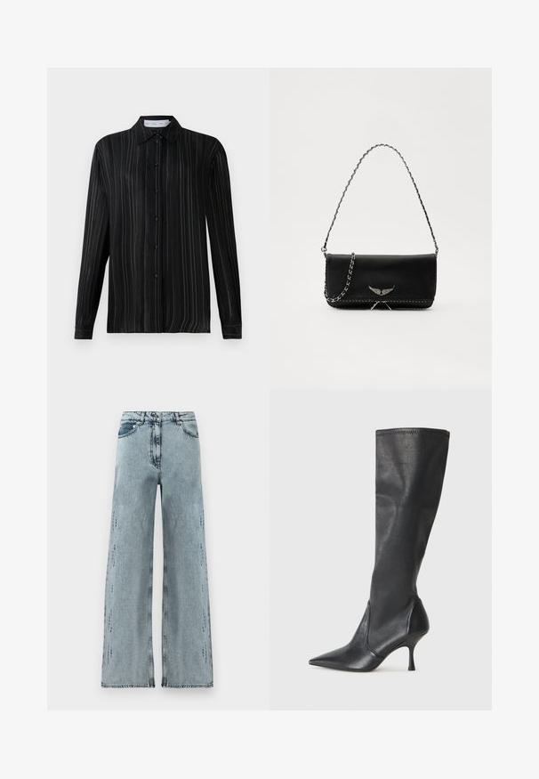 Crna dugorukava košulja s dugmadi, u finoj bijeloj vertikalnoj prugasti, s klasičnom kragnom, prikazana na običnoj bijeloj pozadini.; Svijetloplavi široki traperice izrađene od denima, s visokim strukom, suptilnim oštećenjima i slobodnim krojem s ravnim nogavicama.; Čizme od crne kože visine do koljena s šiljastim nosom i uskim stiletto potpeticama. Glatka tekstura s tijesnim dizajnom i šavovima na gornjoj ivici.; Crna kožna torba s srebrnim lanac strapom, s dekorativnim krilnim naglascima i bijelim šavovima duž donjeg šava.