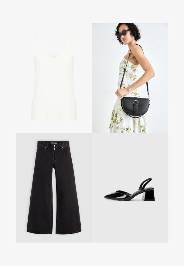 White sleeveless tank top with a deep scoop neckline, made of lightweight fabric, featuring a smooth texture and a fitted silhouette.; Wide-leg jeans in black denim with a zippered front, five-pocket design, and subtle stitching details. Smooth texture and casual style.; Black patent leather slingback heels with a pointed toe and a geometric block heel. Features a sleek, minimal design and smooth texture.; Black leather handbag with a curved shape, detachable strap, and gold hardware. The bag features a flap with a buckle detail.