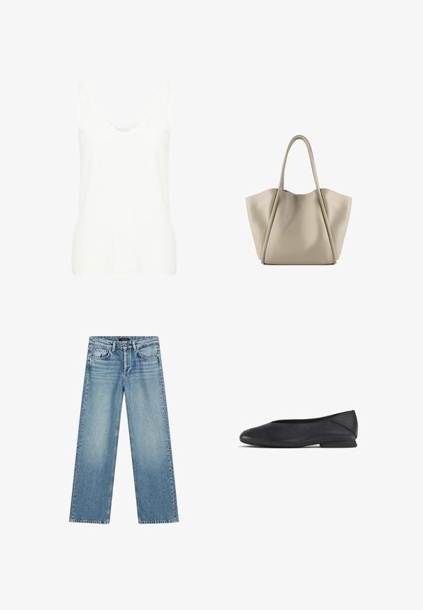 Witte mouwloze tanktop met een diepe ronde halslijn, gemaakt van lichtgewicht stof, met een zachte textuur en een aansluitende pasvorm.; Lichtblauwe wijde spijkerbroek gemaakt van denim. Voorzien van vijf zakken, een knoopsluiting en subtiele vervagingen, wat zorgt voor een gestructureerde uitstraling.; Zwarte leren platte schoen met ronde teen en lage hak, ontworpen voor casual of formele gelegenheden.; Beige leren tote bag met een ruime, gestructureerde ontwerp. Heeft twee lange handvatten en subtiele stiksels; geen zichtbare hardware.