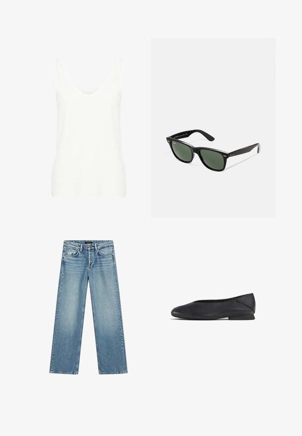 White sleeveless tank top with a deep scoop neckline, made of lightweight fabric, featuring a smooth texture and a fitted silhouette.; Light blue wide-leg jeans made from denim. Features five pockets, a button closure, and subtle fading, creating a textured appearance.; Black leather flat shoe with rounded toe and low heel, designed for casual or formal wear.; Black plastic sunglasses with green lenses, square frames, silver accent on the brow, and textured temple arms. Stated brand on inner arm.