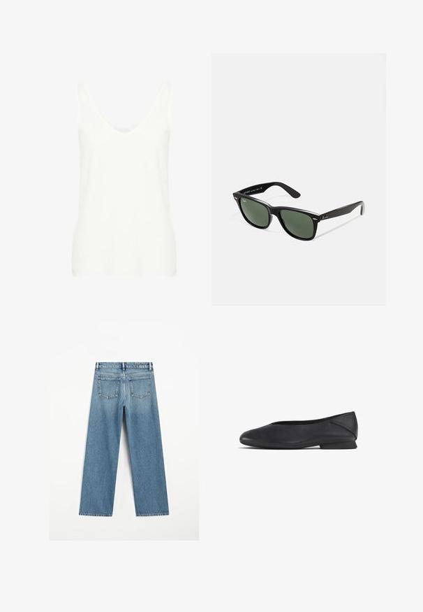 Weißes ärmelloses Tanktop mit tiefem Rundhalsausschnitt, aus leichtem Stoff gefertigt, mit einer glatten Textur und einer figurbetonten Silhouette.; Hellblaue Denim-Jeans mit weitem Bein, ausgestattet mit zwei Gesäßtaschen und einem fransigen Saum. Hergestellt aus strukturiertem Baumwollstoff.; Schwarze Lederflats mit runder Zehenpartie und niedrigem Absatz, geeignet für Freizeit- oder formelle Anlässe.; Schwarze Plastiksonnenbrille mit grünen Gläsern, quadratischen Rahmen, silbernem Akzent auf der Augenbraue und strukturierten Bügeln. Angegebene Marke auf dem inneren Bügel.
