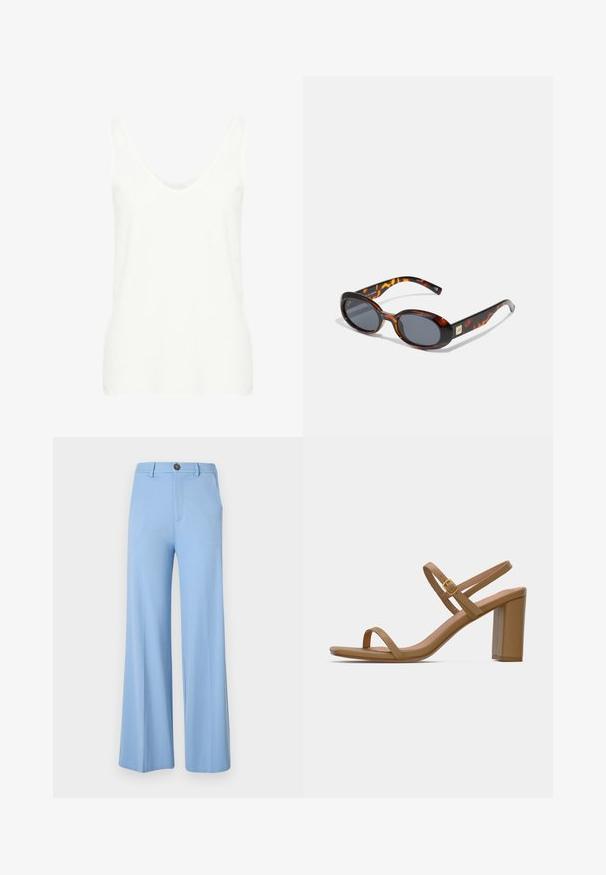 Bela brezrokavna majica s globokim izrezom, narejena iz lahkega materiala, s gladko teksturo in oprijetim krojem.; Svetlo modre hlače širokega kroja, izdelane iz gladkega blaga, z gumbom za zapiranje in sprednjimi žepi. Čist, krojen dizajn brez vzorcev.; Svetlo rjave sandale s peto, ki imajo dva tanka traka in kvadratno blok peta. Gladek material z minimalnim dizajnom in majhnim zlatim sponko.; Rjave torbice za sonce s ovalnimi lečami in temno sivo subtančno. Opremljene z zlatim dekorativnim detajlom na templjih. Gladek plastičen tekstura.