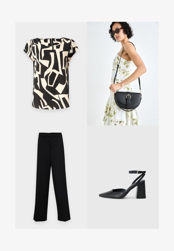Korte mouwen blouse van lichte stof, met een zwart en crème abstract patroon, een ronde halslijn en een ritssluiting op de rug.; Zwarte wijde broek gemaakt van gladde stof, met een klassieke tailleband met een knoopsluiting en voorplooien.; Zwarte leren puntige pump met een enkelbandje en een chunky hak. Vlakke textuur, strakke vormgeving en minimalistische esthetiek.; Zwarte leren handtas met een gebogen vorm, afneembare schouderband en gouden hardware. De tas heeft een klep met een gespsluiting.