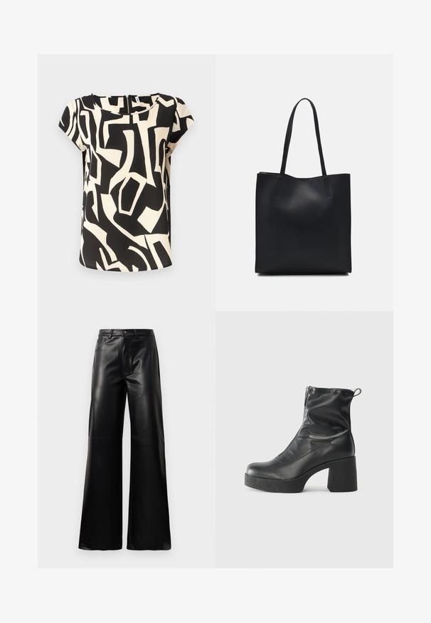Short-sleeve blouse made of lightweight fabric, featuring a black and cream abstract pattern with a rounded neckline and back zipper.; Black high-waist wide-leg faux leather pants with front button, zip closure, belt loops, and side pockets on white background.; Black ankle boots made of smooth leather, featuring a side zipper, chunky textured heel, and rounded toe design.; Black leather tote bag with smooth texture, rectangular shape, and two long handles. No visible hardware or embellishments.