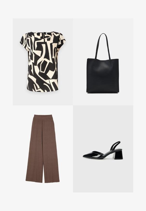 Kortermet bluse laget av lett stoff, med et svart og kremfarget abstrakt mønster, rund hals og glidelås bak.; Vide bukser laget av et teksturert, ribbet materiale i en varm brunfarge. Har en sømløs midje og en flytende silhuett.; Svarte patentlær slingback hæler med spiss tå og geometrisk blokk hæl. Har et stilrent, minimalistisk design og jevn tekstur.; Svart lær tote bag med glatt tekstur, rektangulær form og to lange håndtak. Ingen synlige deler eller dekorasjoner.