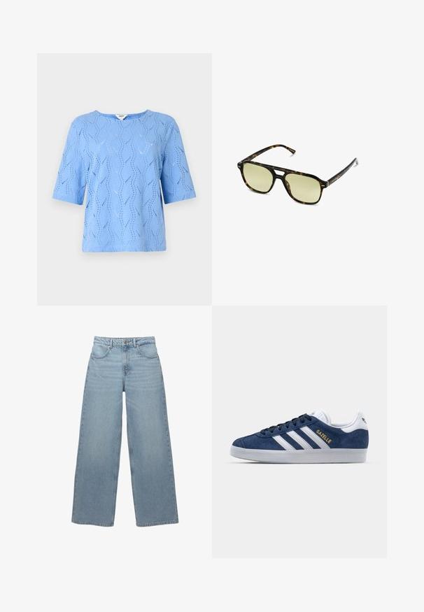 Light blue short-sleeved top with a wave pattern and cut-out details. Round neckline, relaxed fit, made of textured fabric.; Light blue wide-leg jeans made from cotton denim, featuring five pockets, a front button closure, and minimal fraying along the hem.; Navy suede sneakers with white leather accents, three white stripes, and gold "Gazelle" logo. Round rubber sole, low-top design.; Tortoiseshell sunglasses with a rectangular shape, green-tinted lenses, and patterned acetate frames. Features metal accents near the lenses.