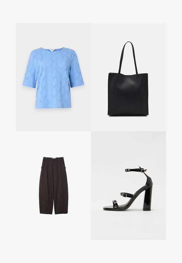 Light blue short-sleeved top with a wave pattern and cut-out details. Round neckline, relaxed fit, made of textured fabric.; Black wide-leg trousers made from a smooth fabric, featuring a high waist, front pleats, and side pockets. Simple design without embellishments.; Black patent heeled sandals with a square toe, ankle straps, and silver buckles. Features a chunky block heel for stability.; Black leather tote bag with smooth texture, rectangular shape, and two long handles. No visible hardware or embellishments.
