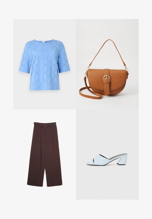Un haut bleu clair à manches courtes avec un motif de vagues et des détails découpés. Encolure ronde, coupe décontractée, fabriqué en tissu texturé.; Stradivarius WIDE-LEG WITH BUCKLE DETAIL - Pantalon classique - dark brown; Mules à talons ouverts bleu clair avec un design géométrique, dotés d'une large bride sur le pied et d'un talon épais et angulaire.; Sac bandoulière en cuir marron avec une forme incurvée, quincaillerie dorée et un accent en boucle. Comprend une bandoulière détachable.