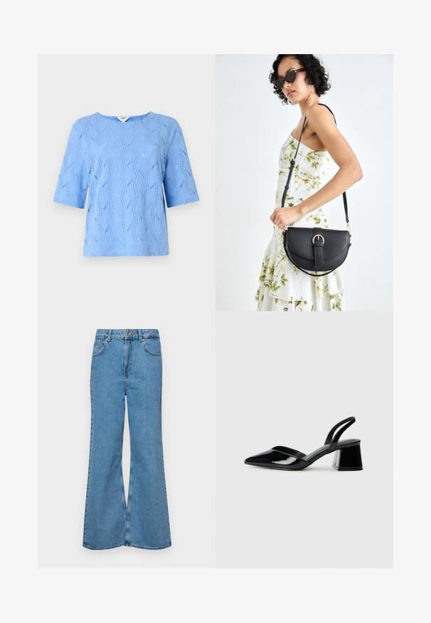 Top azul claro de mangas curtas com padrão de onda e detalhes recortados. Decote redondo, ajuste descontraído, feito de tecido texturizado.; Jeans de brim azuis claros, com corte à boca de sino, apresentando uma cintura alta, cinco bolsos e um fecho de botão único. Textura macia com acabamento desbotado.; Sandy em verniz preto com salto slingback, ponta afilada e salto geométrico. Apresenta um design elegante e minimalista com textura suave.; Bolsa de couro preta com forma curva, alça destacável e detalhes em dourado. A bolsa possui uma aba com detalhe de fivela.