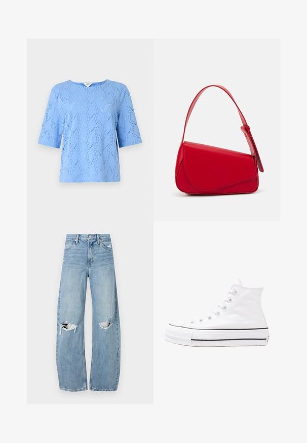 Light blue short-sleeved top with a wave pattern and cut-out details. Round neckline, relaxed fit, made of textured fabric.; Light blue, high-waisted jeans made of denim. Feature wide legs, two torn knee areas, and classic five-pocket styling.; White high-top canvas sneaker with black rubber sole, front rubber toe cap, and six eyelets for laces, featuring a clean, minimalist design.; Red leather handbag with an angular, geometric design. Features a single adjustable strap and a flap closure with stitched detailing.