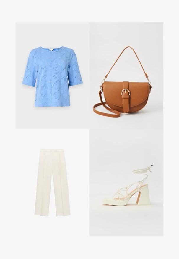 Vaaleansininen lyhythihainen paita, jossa on aallokokuvio ja aukot. Pyöreä pääntie, rento malli, valmistettu teksturoidusta kankaasta.; Valkoiset leveälahkeiset housut vaaleassa kermassa. Valmistettu sileästä kankaasta, jossa on laskokset edessä ja sivutaskut.; Valkoinen korkokenkä, jossa on paksu korko, ja joka sisältää nauhakiinnityksen ja nilkkaketjun. Sujuva pinta, jossa on platform-etupohja lisäkorkeutta varten.; Ruskean nahkainen olkalaukku, jossa on kaareva muoto, kultaiset yksityiskohdat ja solkiyksityiskohta. Varustettu irrotettavalla olkahihnalla.