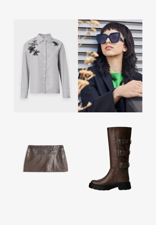 Prašna črna in bela srajca z dolgimi rokavi, ki ima črn cvetlični vez na levem rami in prsnem predelu.; Rjava usnjena mini krila z okrasnim pasom in zanko za pas s sponko, gladka tekstura in eleganten, raven dizajn.; Rjavi usnjeni škornji do kolen s tremi kovinskimi zaponkami, teksturirana površina, okrogla kapica in robusten podplat za stabilnost.; Prevelike črne sončne očala z debelim okvirjem in zlatim poudarkom, nošene s črno jakno in svetlo zeleno srajco, na horizontalni ozadju.; Rjava usnjena hobo torba z ohlapno zasnovo in gladko teksturo. Uporablja jo model v sproščenem slogu, ima velik odprtino in zaobljeno obliko.