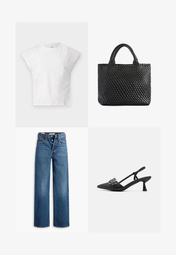 White short-sleeve top featuring textured eyelet design, structured shoulders, and a round neckline. Lightweight fabric.; Blue denim jeans with a wide-leg design, five pockets, button fly, and contrasting stitching. Textured fabric with a faded finish.; Simmi London DALA - Classic heels - black; Black woven tote bag with two handles, featuring a textured surface and a rectangular shape. Simple, unique design with no visible hardware.